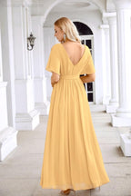 Ladies Chiffon Sleeve Crew Neck Front Slit Floor Length Bridesmaid Evening Dress Wedding Party Evening Dress 28124-numbersea