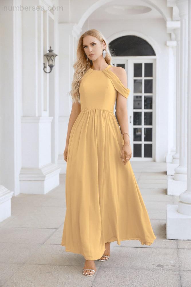 Ladies Chiffon Off Shoulder Swing Sleeve Front Slit Bridesmaid Evening Dress Wedding Party Evening Dress 28117-numbersea