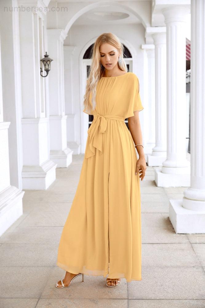 Ladies Chiffon Sleeve Crew Neck Front Slit Floor Length Bridesmaid Evening Dress Wedding Party Evening Dress 28124-numbersea