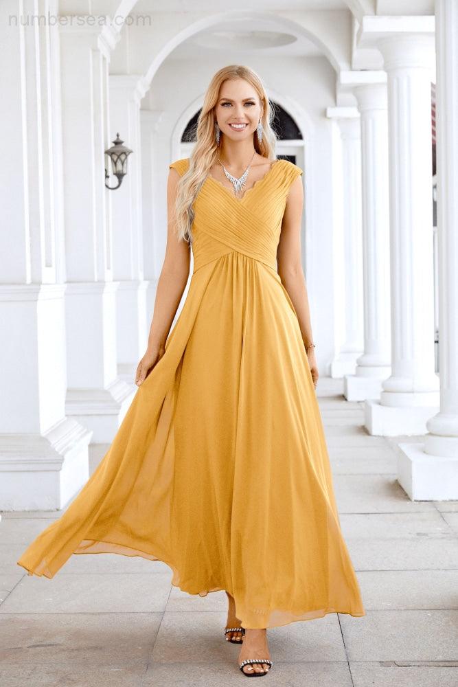 Ladies Chiffon V Neck Sleeveless Floor Length Bridesmaid Evening Dress Wedding Party Evening Dress 28126-numbersea