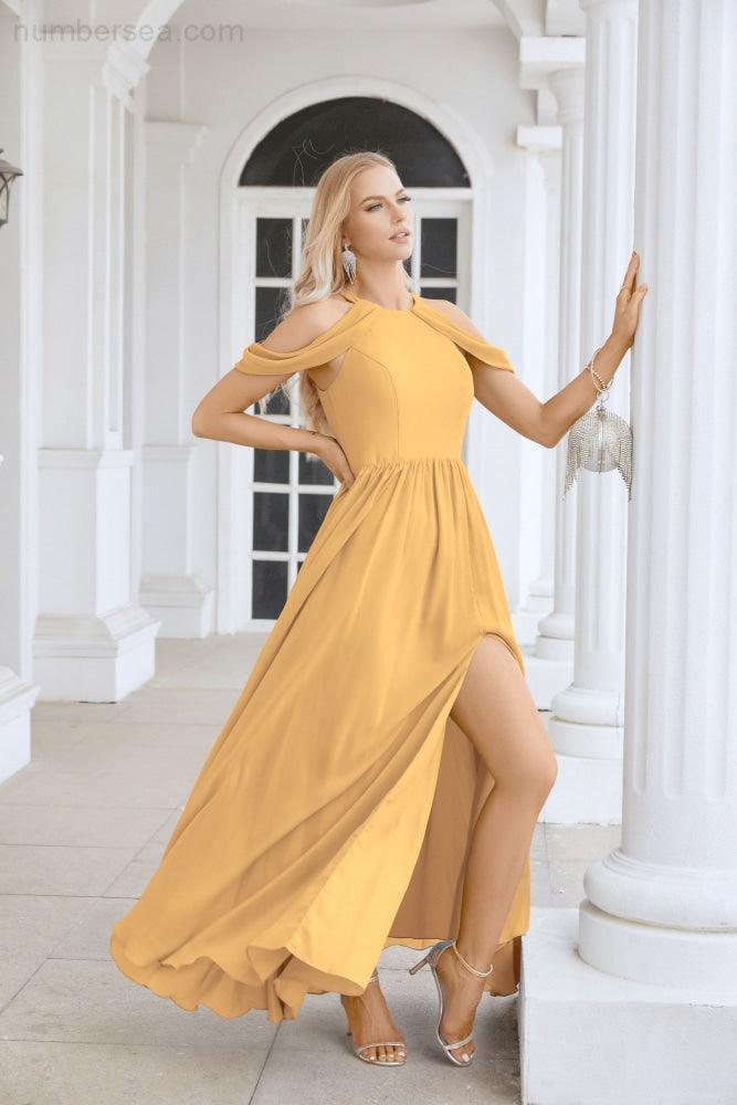 Ladies Chiffon Off Shoulder Swing Sleeve Front Slit Bridesmaid Evening Dress Wedding Party Evening Dress 28117-numbersea