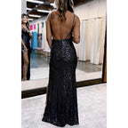 Vestido de noche para fiesta de graduación con escote en V, tirantes finos, lentejuelas y abertura lateral 