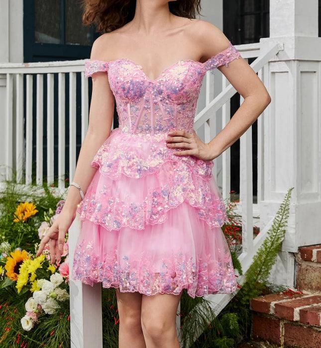 Vestidos de fiesta con escote corazón, lentejuelas, tul escalonado, minivestido de corte A