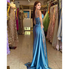 Vestido de fiesta largo de satén con encaje y lentejuelas fruncidas 