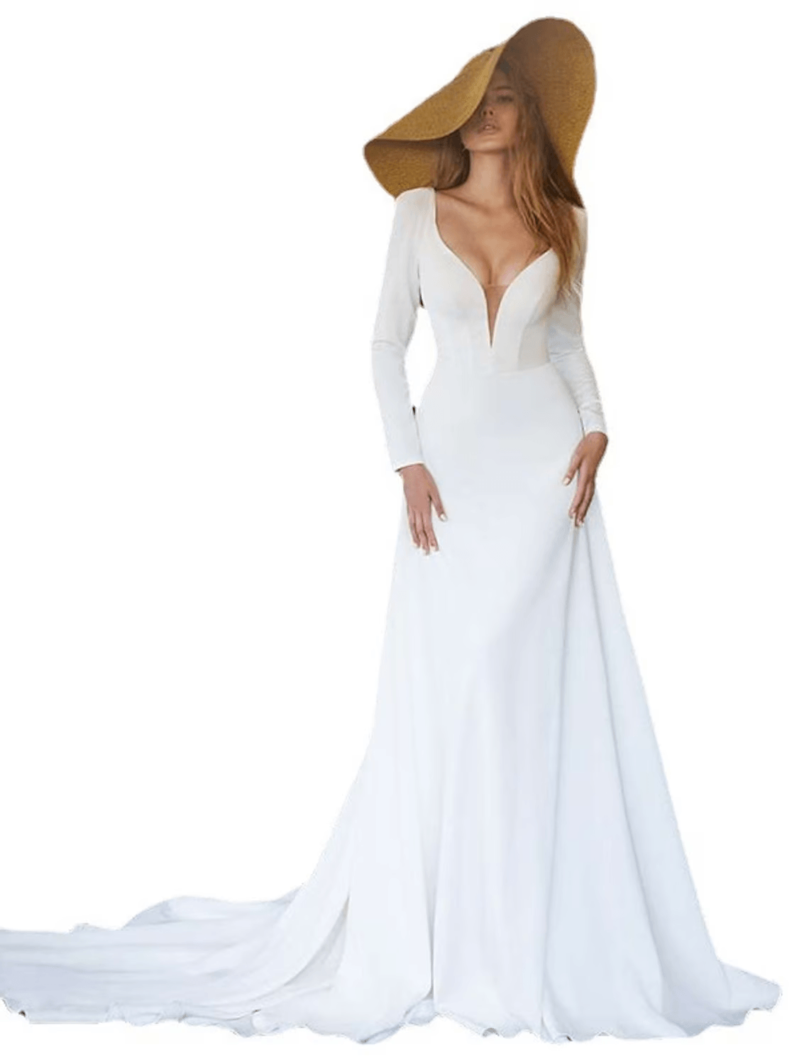 Vestidos de novia casuales de salón, cola capilla, corte A, manga larga, cuello en V, mezcla de algodón con pliegues, color liso