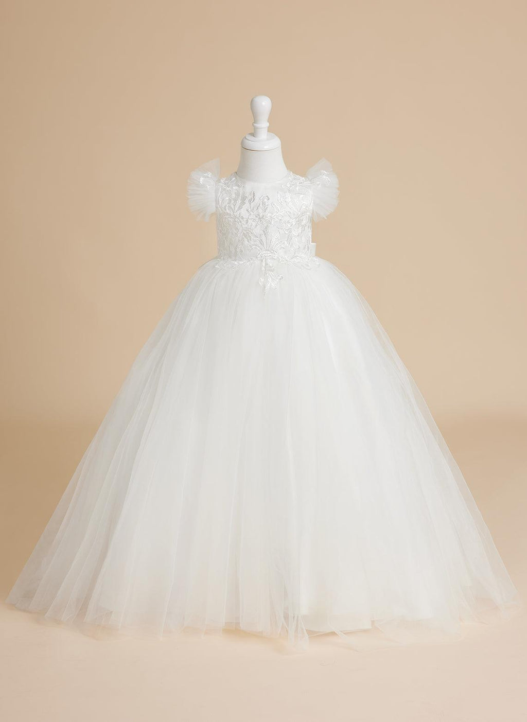 Vestido de princesa color marfil con apliques de encaje y cola de tul para niñas 