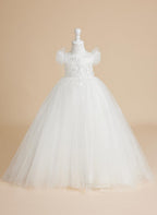 Vestido de princesa color marfil con apliques de encaje y cola de tul para niñas 