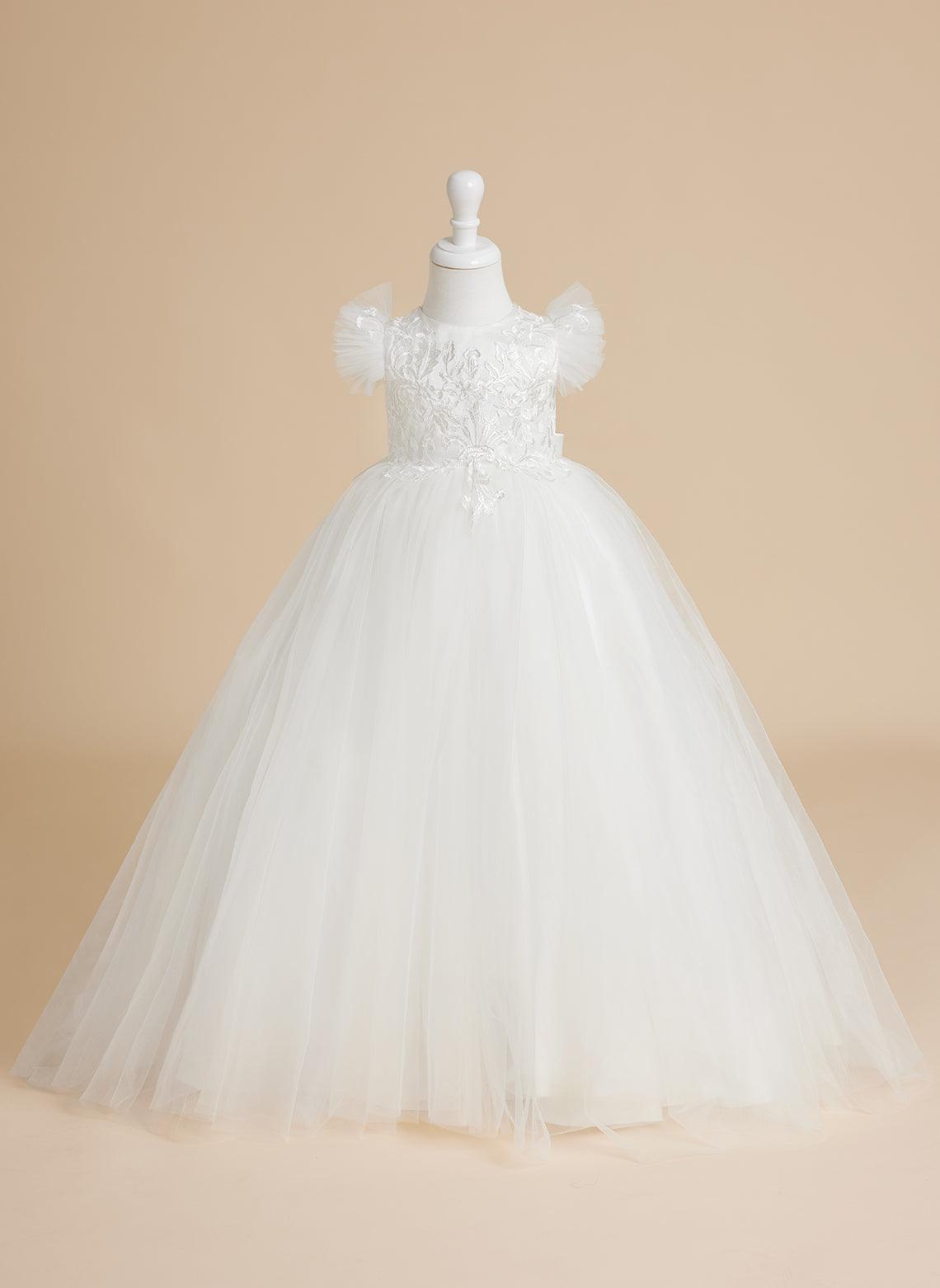 Vestido de princesa color marfil con apliques de encaje y cola de tul para niñas 
