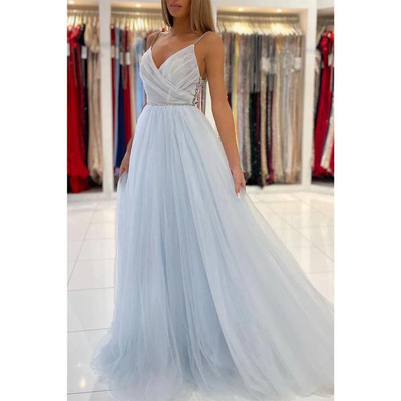 Vestido de fiesta largo con tirantes finos, escote en V y cuentas 
