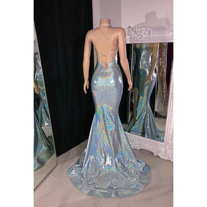 Vestido de fiesta largo con escote en V, tirantes finos, lentejuelas y abertura