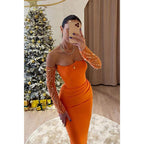Sheath Strapless Beaded Long Sleeves Orange Prom Dress Evening Gowns