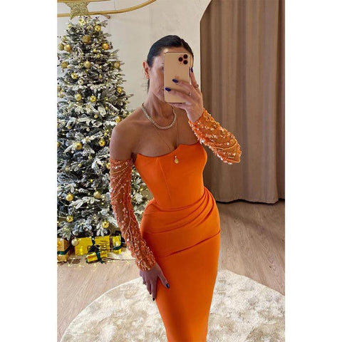 Sheath Strapless Beaded Long Sleeves Orange Prom Dress Evening Gowns