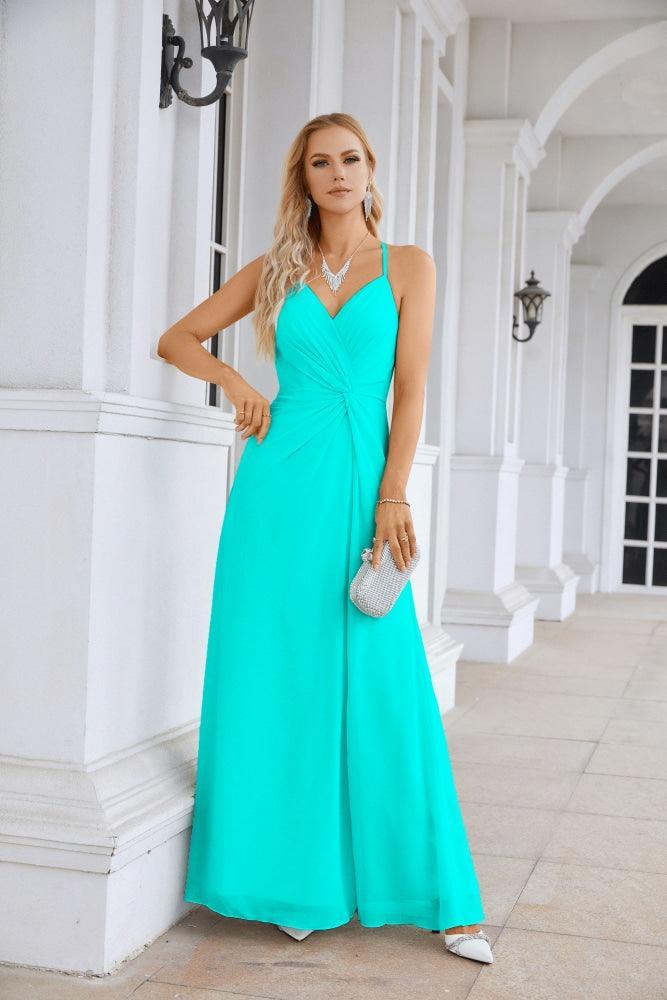 Ladies Chiffon Spaghetti Strap V Neck Front Slit Floor Length Bridesmaid Evening Dress Prom Party Wedding Evening Dress 28116-numbersea