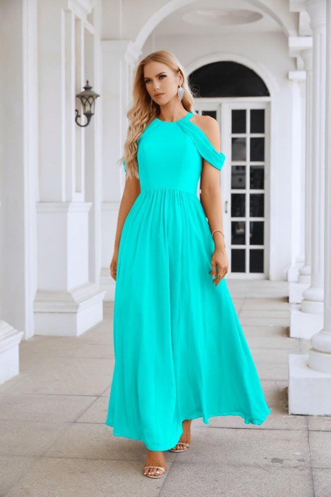Ladies Chiffon Off Shoulder Swing Sleeve Front Slit Bridesmaid Evening Dress Wedding Party Evening Dress 28117-numbersea