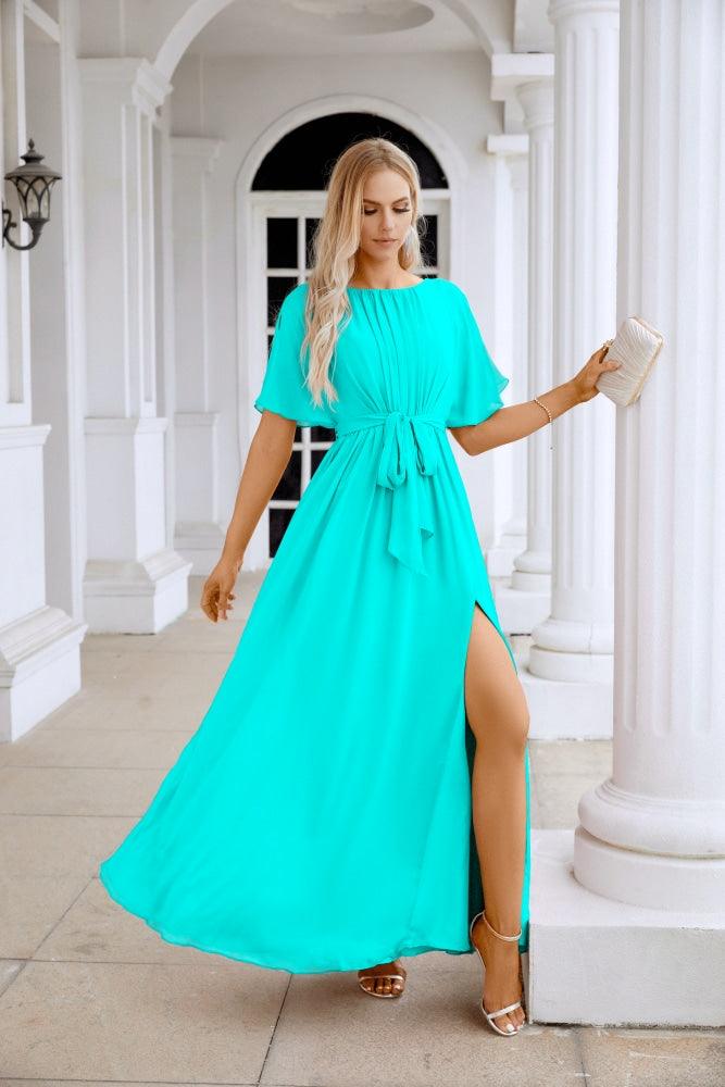 Ladies Chiffon Sleeve Crew Neck Front Slit Floor Length Bridesmaid Evening Dress Wedding Party Evening Dress 28124-numbersea