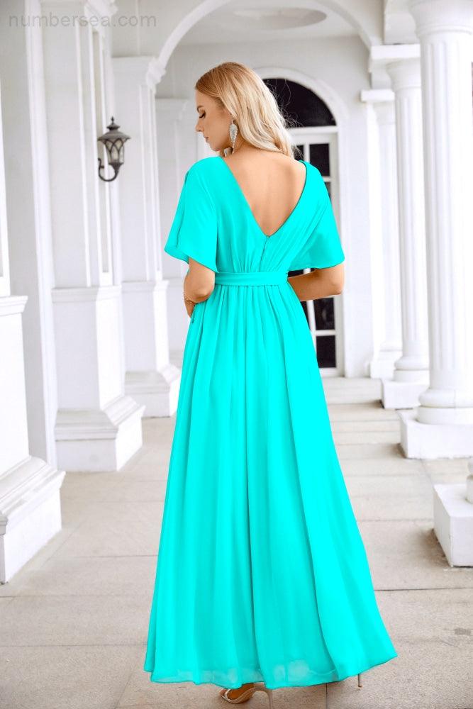 Ladies Chiffon Sleeve Crew Neck Front Slit Floor Length Bridesmaid Evening Dress Wedding Party Evening Dress 28124-numbersea