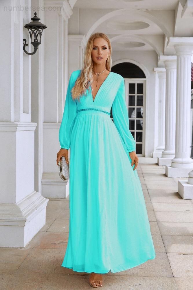 Ladies V Neck Chiffon Long Sleeve Front Slit Bridesmaid Evening Dress Wedding Party Shopping Evening Dress 28109-numbersea