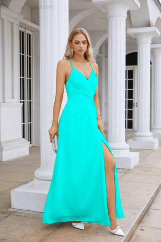 Ladies Chiffon Spaghetti Strap V Neck Front Slit Floor Length Bridesmaid Evening Dress Prom Party Wedding Evening Dress 28116-numbersea