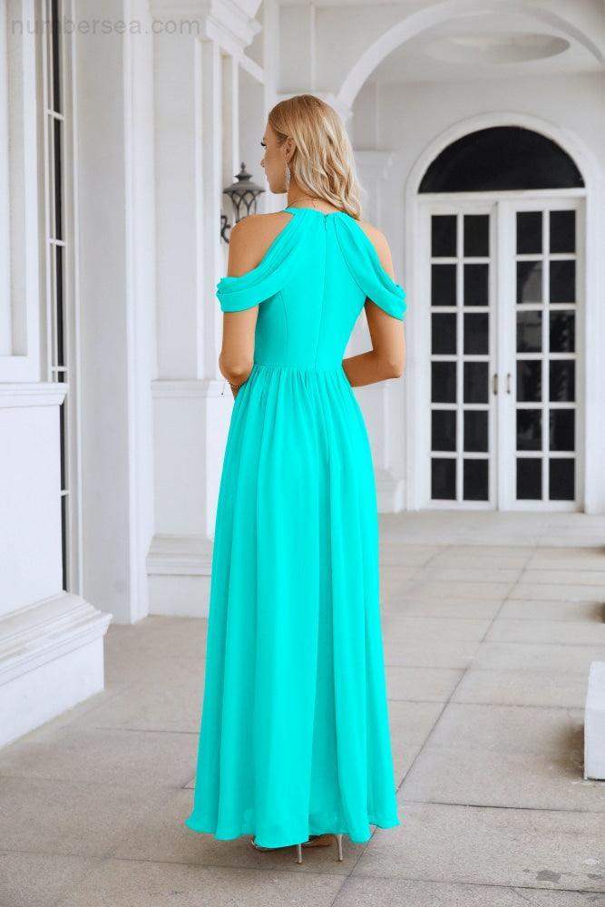 Ladies Chiffon Off Shoulder Swing Sleeve Front Slit Bridesmaid Evening Dress Wedding Party Evening Dress 28117-numbersea