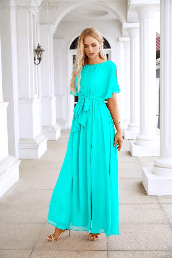 Ladies Chiffon Sleeve Crew Neck Front Slit Floor Length Bridesmaid Evening Dress Wedding Party Evening Dress 28124-numbersea