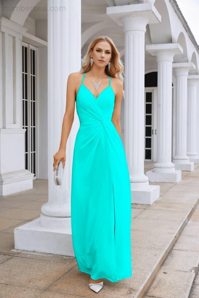 Ladies Chiffon Spaghetti Strap V Neck Front Slit Floor Length Bridesmaid Evening Dress Prom Party Wedding Evening Dress 28116-numbersea