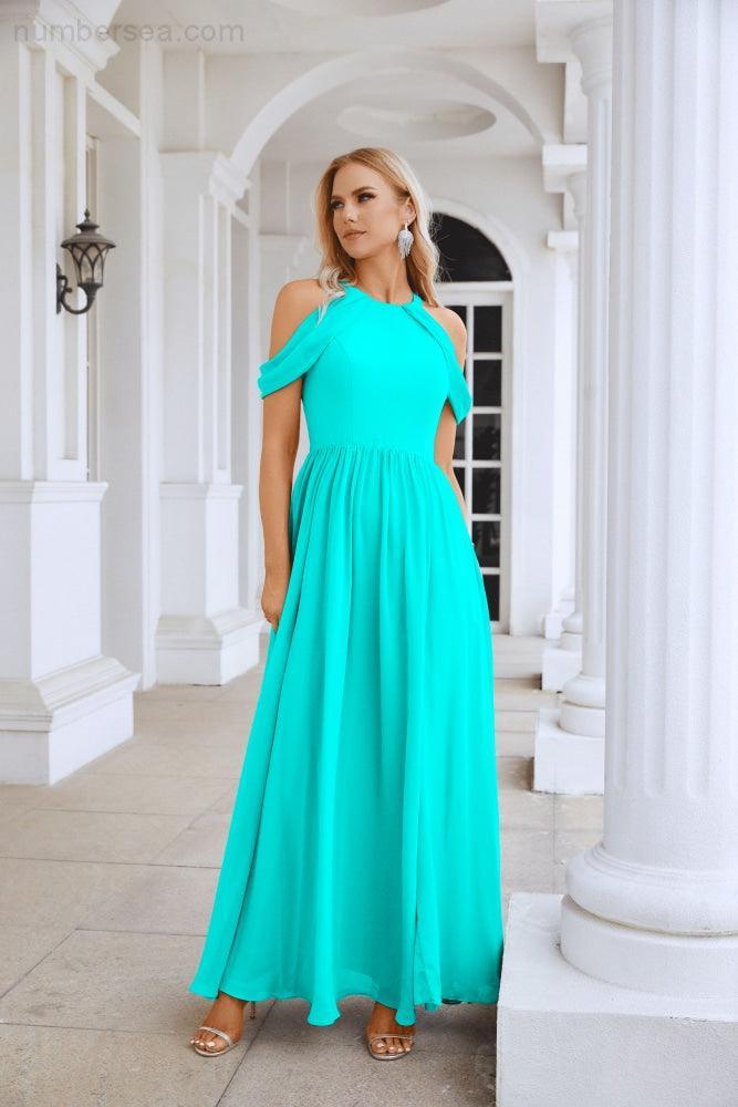 Ladies Chiffon Off Shoulder Swing Sleeve Front Slit Bridesmaid Evening Dress Wedding Party Evening Dress 28117-numbersea