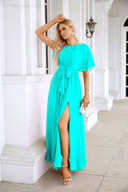 Ladies Chiffon Sleeve Crew Neck Front Slit Floor Length Bridesmaid Evening Dress Wedding Party Evening Dress 28124-numbersea