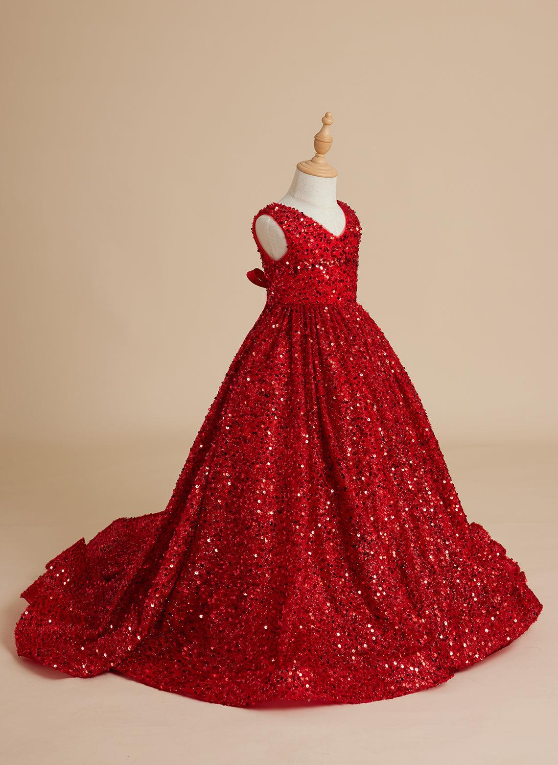 Deslumbrante vestido de princesa con lentejuelas rojas, escote en V y cola de corte para niñas 