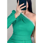 Sheath One Shoulder Beaded Long Sleeve Split Prom Evening Gown
