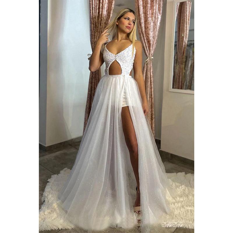 Vestido de fiesta largo con escote en V pronunciado y lentejuelas con falda desmontable