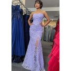 Vestido de fiesta largo con abertura, sin tirantes, con apliques y cuentas