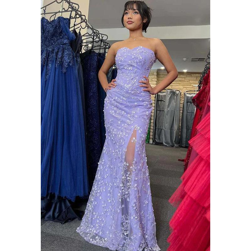 Vestido de fiesta largo con abertura, sin tirantes, con apliques y cuentas