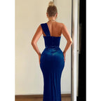 Vestido de fiesta largo de terciopelo azul con pliegues y un hombro al descubierto, vestidos de noche 