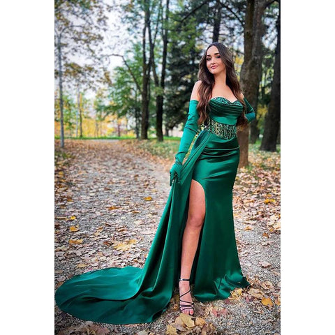 Sweetheart Strapless Appliqued Ruched Satin Sheath Long Prom Evening Dress