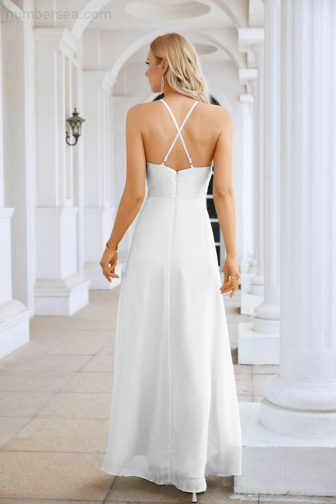 Ladies Chiffon Spaghetti Strap V Neck Front Slit Floor Length Bridesmaid Evening Dress Prom Party Wedding Evening Dress 28116-numbersea