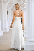 Ladies Chiffon Spaghetti Strap V Neck Front Slit Floor Length Bridesmaid Evening Dress Prom Party Wedding Evening Dress 28116-numbersea