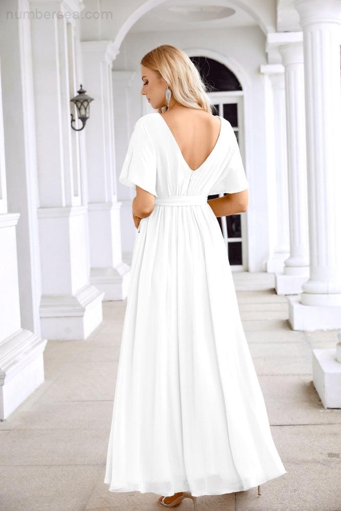 Ladies Chiffon Sleeve Crew Neck Front Slit Floor Length Bridesmaid Evening Dress Wedding Party Evening Dress 28124-numbersea