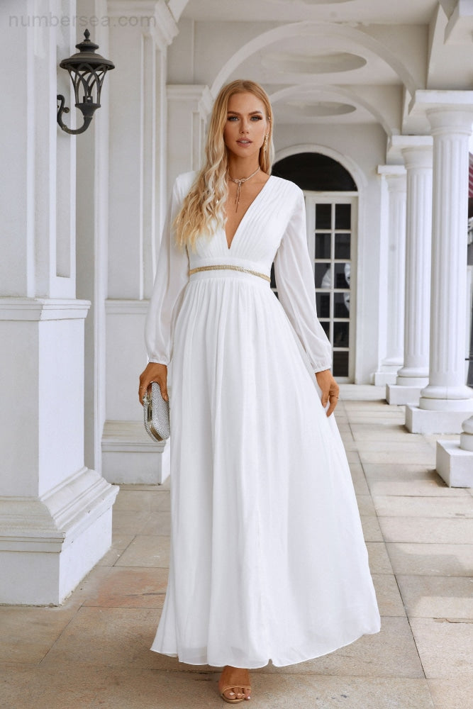 Ladies V Neck Chiffon Long Sleeve Front Slit Bridesmaid Evening Dress Wedding Party Shopping Evening Dress 28109