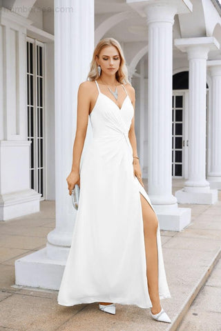 Ladies Chiffon Spaghetti Strap V Neck Front Slit Floor Length Bridesmaid Evening Dress Prom Party Wedding Evening Dress 28116-numbersea