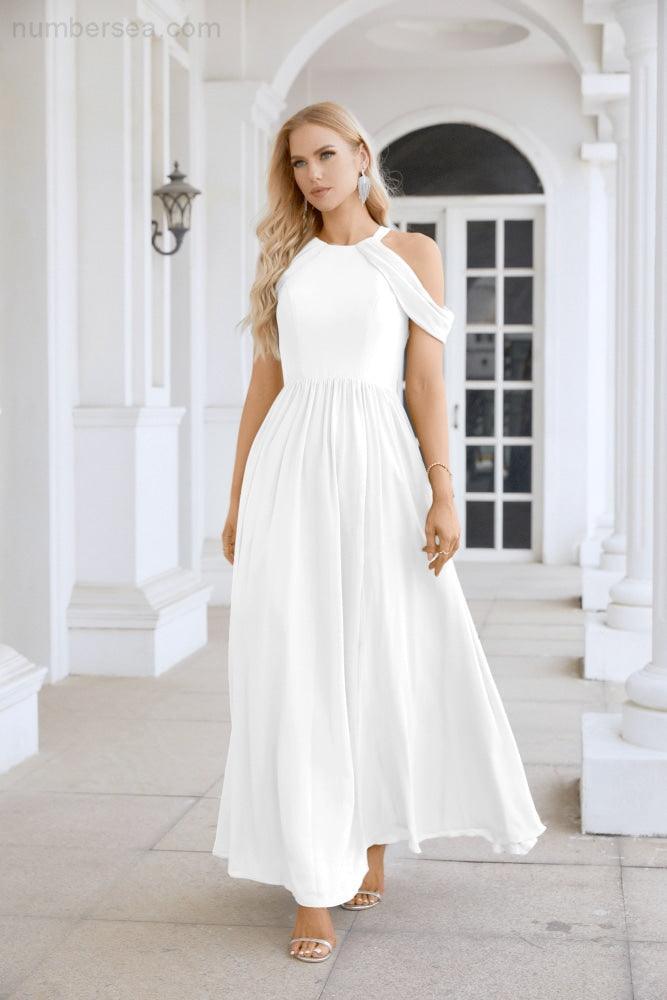 Ladies Chiffon Off Shoulder Swing Sleeve Front Slit Bridesmaid Evening Dress Wedding Party Evening Dress 28117-numbersea