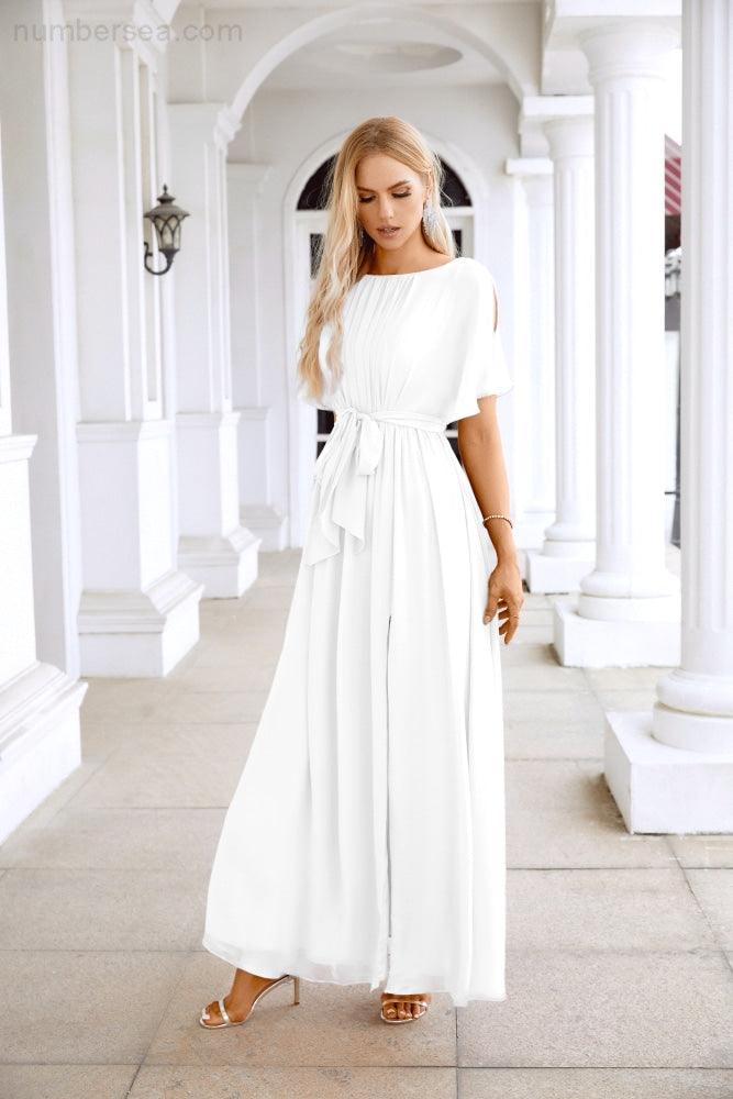 Ladies Chiffon Sleeve Crew Neck Front Slit Floor Length Bridesmaid Evening Dress Wedding Party Evening Dress 28124-numbersea