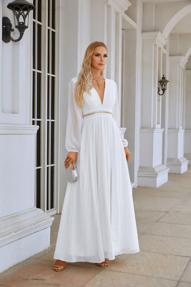 Ladies V Neck Chiffon Long Sleeve Front Slit Bridesmaid Evening Dress Wedding Party Shopping Evening Dress 28109