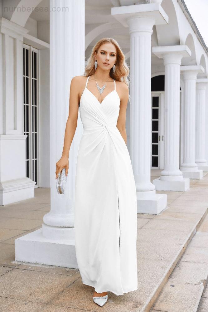 Ladies Chiffon Spaghetti Strap V Neck Front Slit Floor Length Bridesmaid Evening Dress Prom Party Wedding Evening Dress 28116-numbersea