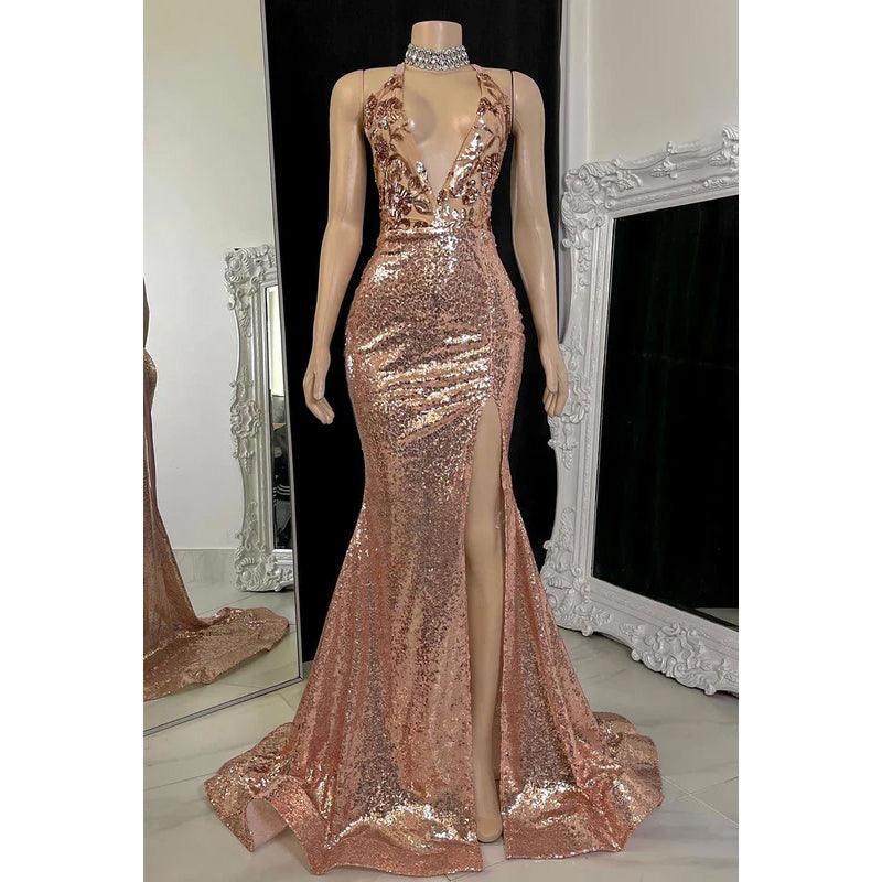 Hermoso y encantador vestido de fiesta de noche con lentejuelas, escote en V, sin mangas y corte sirena