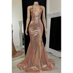 Hermoso y encantador vestido de fiesta de noche con lentejuelas, escote en V, sin mangas y corte sirena