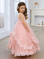 Vestido de princesa de tul sin mangas con apliques de encaje y cola larga para niñas 