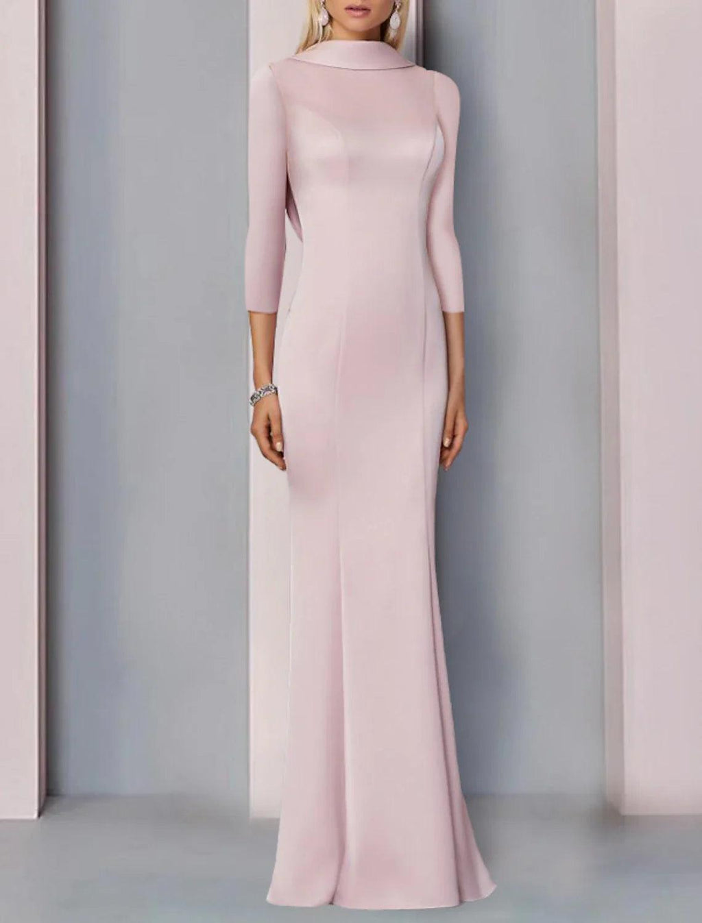 Vestido de noche elegante de sirena para invitada de boda, largo hasta el suelo, manga 3/4, cuello alto, satén con abertura