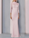 Vestido de noche elegante de sirena para invitada de boda, largo hasta el suelo, manga 3/4, cuello alto, satén con abertura