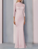 Vestido de noche elegante de sirena para invitada de boda, largo hasta el suelo, manga 3/4, cuello alto, satén con abertura