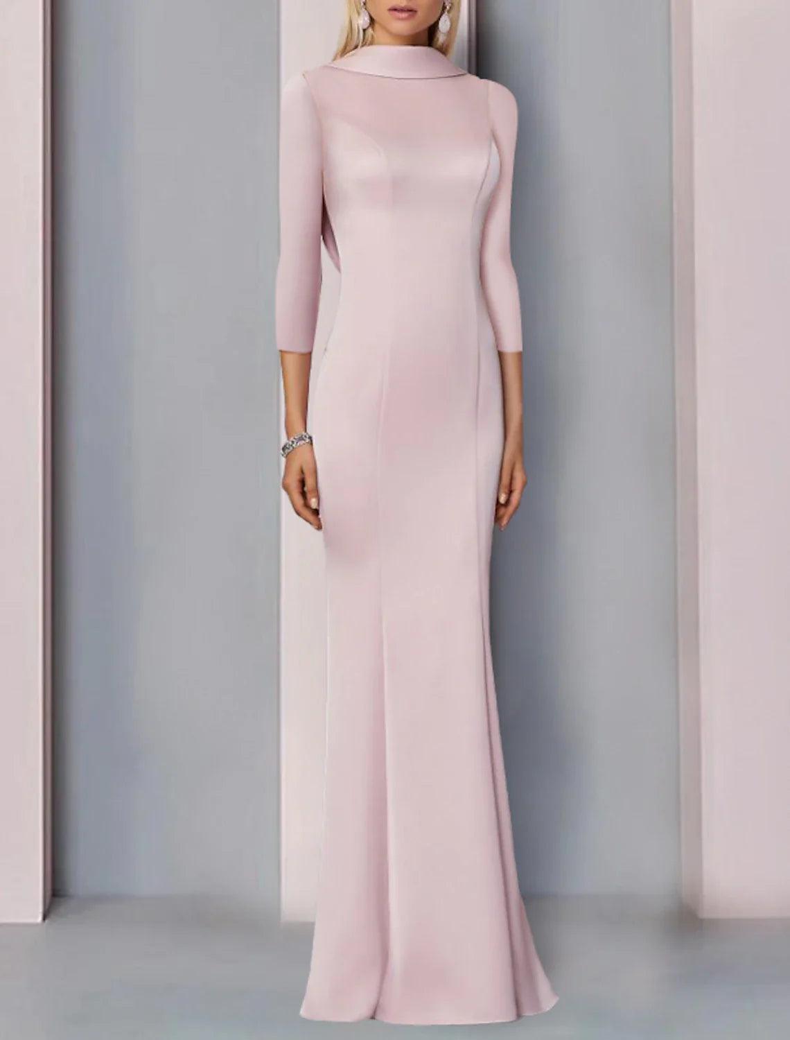 Vestido de noche elegante de sirena para invitada de boda, largo hasta el suelo, manga 3/4, cuello alto, satén con abertura